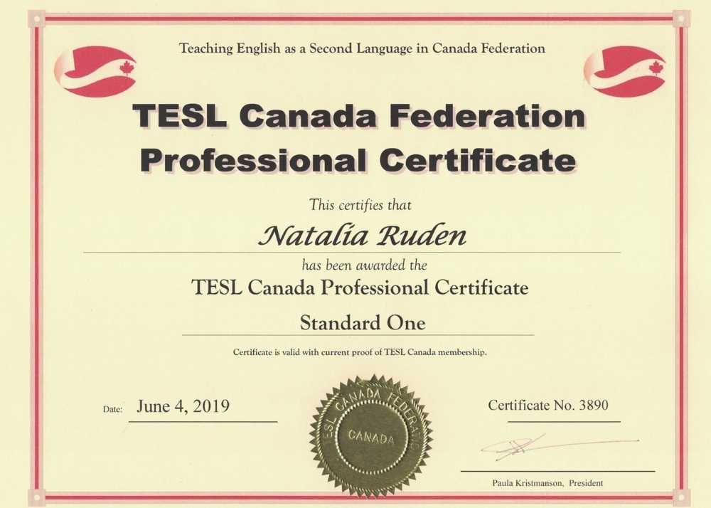 TESL Canada Certificate issued to Nat Ruden